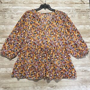 Cato Orange Floral Blouse Womens 18 / 20 Boho Peasant Cottage Vneck 3/4 Sleeve